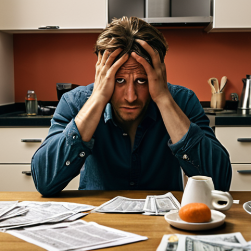 Home 22 **
"A struggling freelance actor sitting at a kitchen table, surrounded by bills and rejection letters, looking stressed. The scene should convey financial insecurity and the challenges of the acting profession in Berlin. Consider a dim, realistic lighting."
**