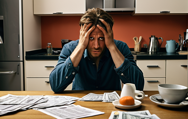 **

"A struggling freelance actor sitting at a kitchen table, surrounded by bills and rejection letters, looking stressed. The scene should convey financial insecurity and the challenges of the acting profession in Berlin. Consider a dim, realistic lighting."

**