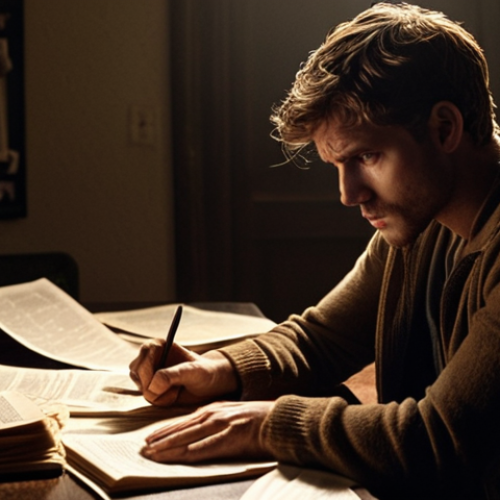 Home 21 **
A method actor intensely preparing for a role, sitting alone in a dimly lit room surrounded by script pages, photos, and personal notes. He's deep in thought, face showing a mixture of determination and vulnerability. Focus on creating a realistic and emotionally charged scene. Emphasis on capturing the psychological depth and intensity of character study.
**