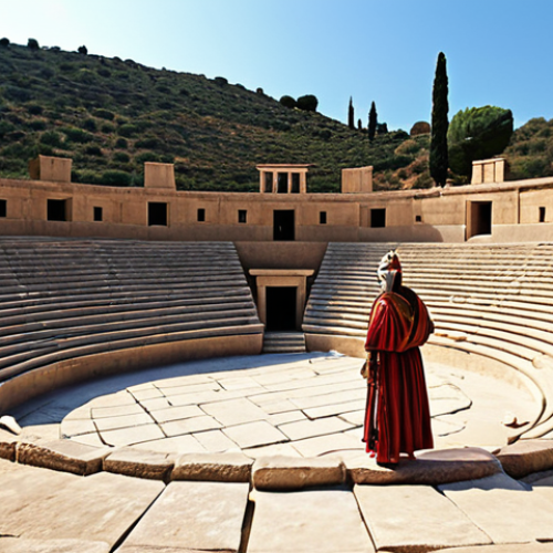Home 20 ** A vibrant stage scene depicting a play from ancient Greece, showing actors in masks and traditional Greek attire, performing in an outdoor amphitheater setting.
**