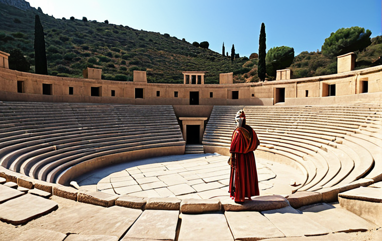 ** A vibrant stage scene depicting a play from ancient Greece, showing actors in masks and traditional Greek attire, performing in an outdoor amphitheater setting.

**