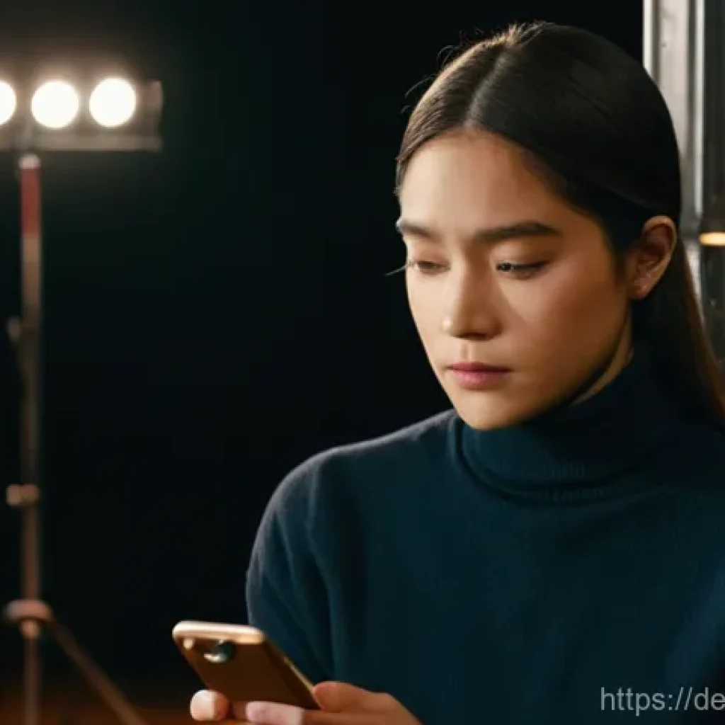 연극배우의 소셜미디어 활용 - **Prompt:** A young, determined actress, dressed in a simple yet elegant black turtleneck and dark j...