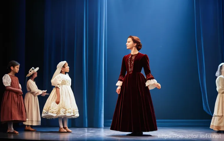 연극배우의 무대 리스크 관리 - **Prompt 1: Grace Under Pressure**
    "A female actress in her early 30s, dressed in an elaborate, ...