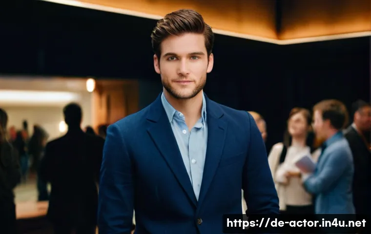 연극배우의 커리어 개발 - **Digital Actor & Industry Networking:** A male actor in his late 20s, with short, neat hair and a c...