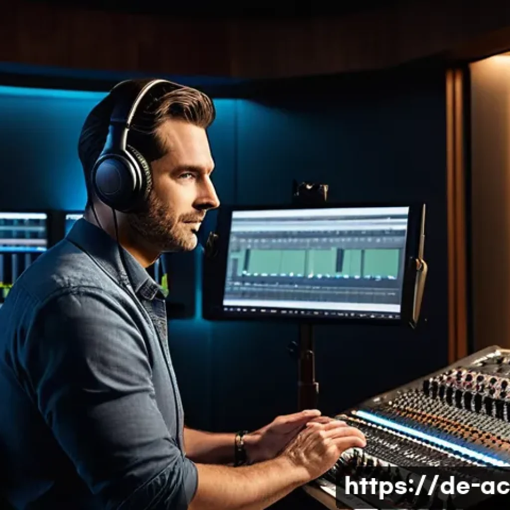 연극배우의 다양한 수익 모델 - **Prompt 1: Voice Actor in a Professional Studio**
    A focused male voice actor, in his late 30s t...