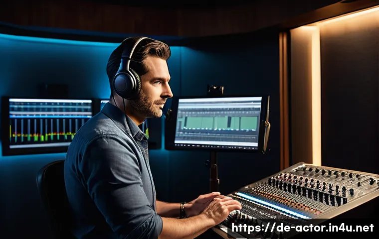 연극배우의 다양한 수익 모델 - **Prompt 1: Voice Actor in a Professional Studio**
    A focused male voice actor, in his late 30s t...