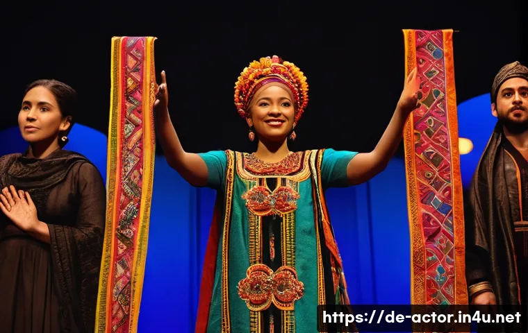 연극배우의 예술적 교류 사례 - **Intercultural Stage Collaboration - A Tapestry of Talent:**
    A vibrant, medium-shot image captu...