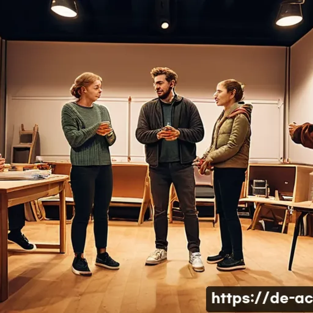 연극배우 현장 이야기 - A detailed scene of a German theater rehearsal room, featuring a diverse group of actors practicing ...