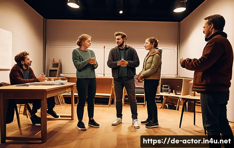연극배우 현장 이야기 - A detailed scene of a German theater rehearsal room, featuring a diverse group of actors practicing ...