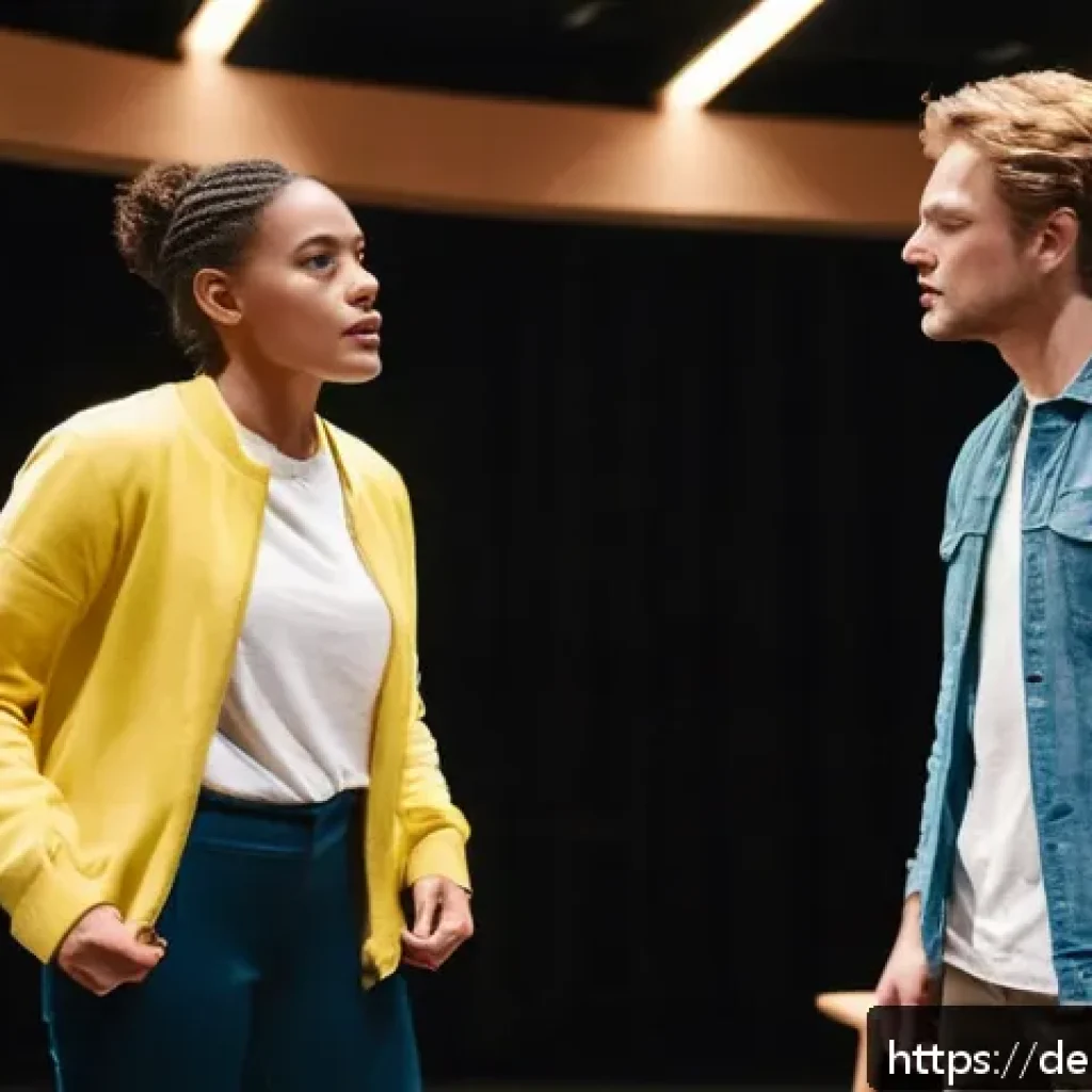 연극배우의 국제 교류 활동 - A diverse group of international actors rehearsing on a modern theater stage, wearing casual rehears...