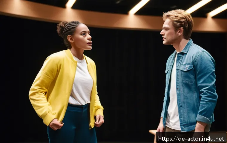 연극배우의 국제 교류 활동 - A diverse group of international actors rehearsing on a modern theater stage, wearing casual rehears...