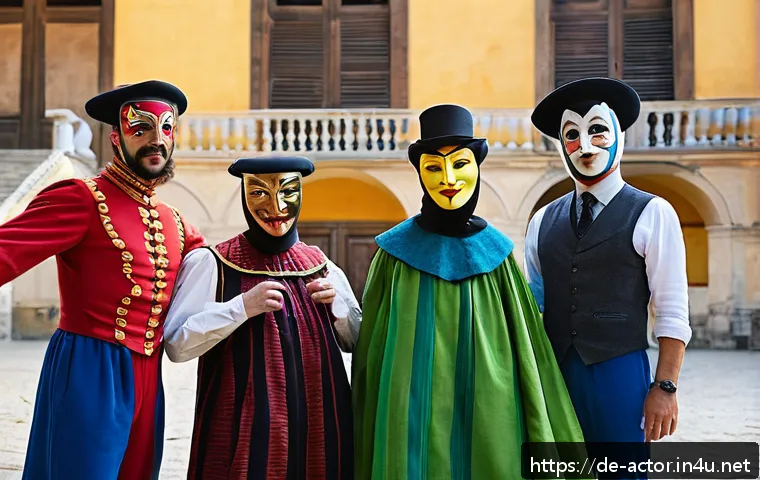 연극배우의 해외 워크숍 경험 - A vibrant theater workshop scene set in Italy focusing on Commedia dell&rsquo;arte, featuring actors in co...