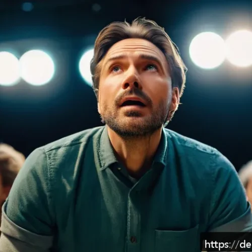 Home 32 연극배우로서의 자기 혁신 - A professional actor on stage during rehearsal, deeply immersed in emotional recall technique, eyes ...