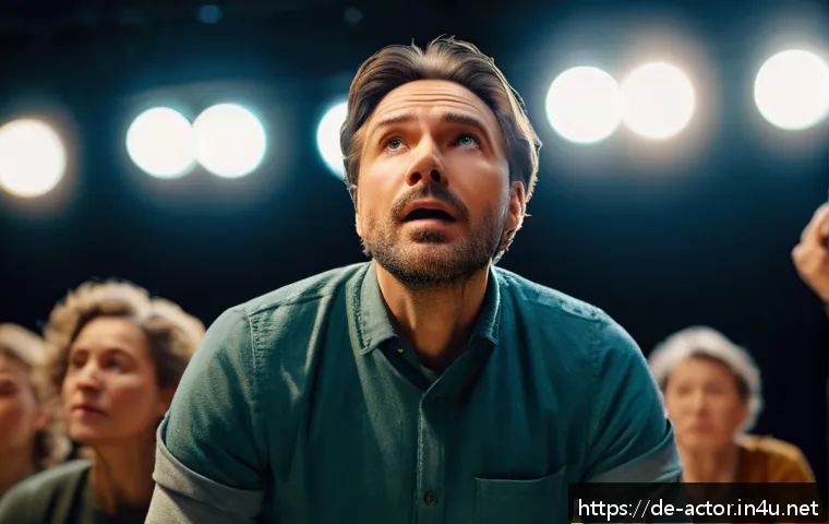 연극배우로서의 자기 혁신 - A professional actor on stage during rehearsal, deeply immersed in emotional recall technique, eyes ...