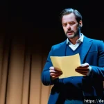 Home 19 연극배우의 콜드리딩 연습 - A professional actor on stage performing cold reading, holding a script with visible highlighted key...