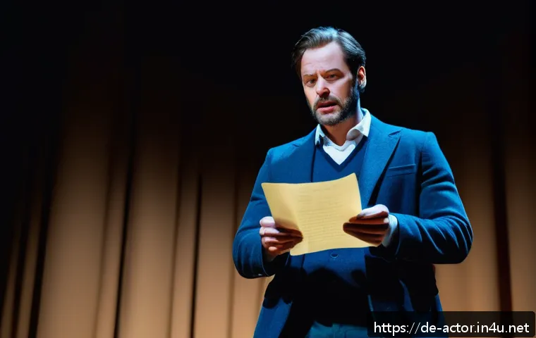연극배우의 콜드리딩 연습 - A professional actor on stage performing cold reading, holding a script with visible highlighted key...
