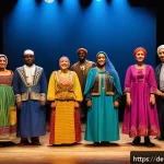 Home 18 연극배우와 문화 다양성 연극 - A vibrant multicultural theater stage scene set in a modern German urban theater, featuring actors o...