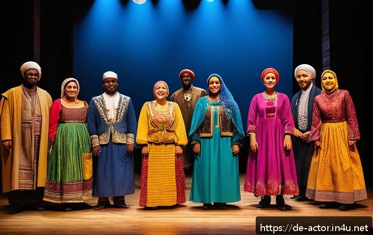 연극배우와 문화 다양성 연극 - A vibrant multicultural theater stage scene set in a modern German urban theater, featuring actors o...