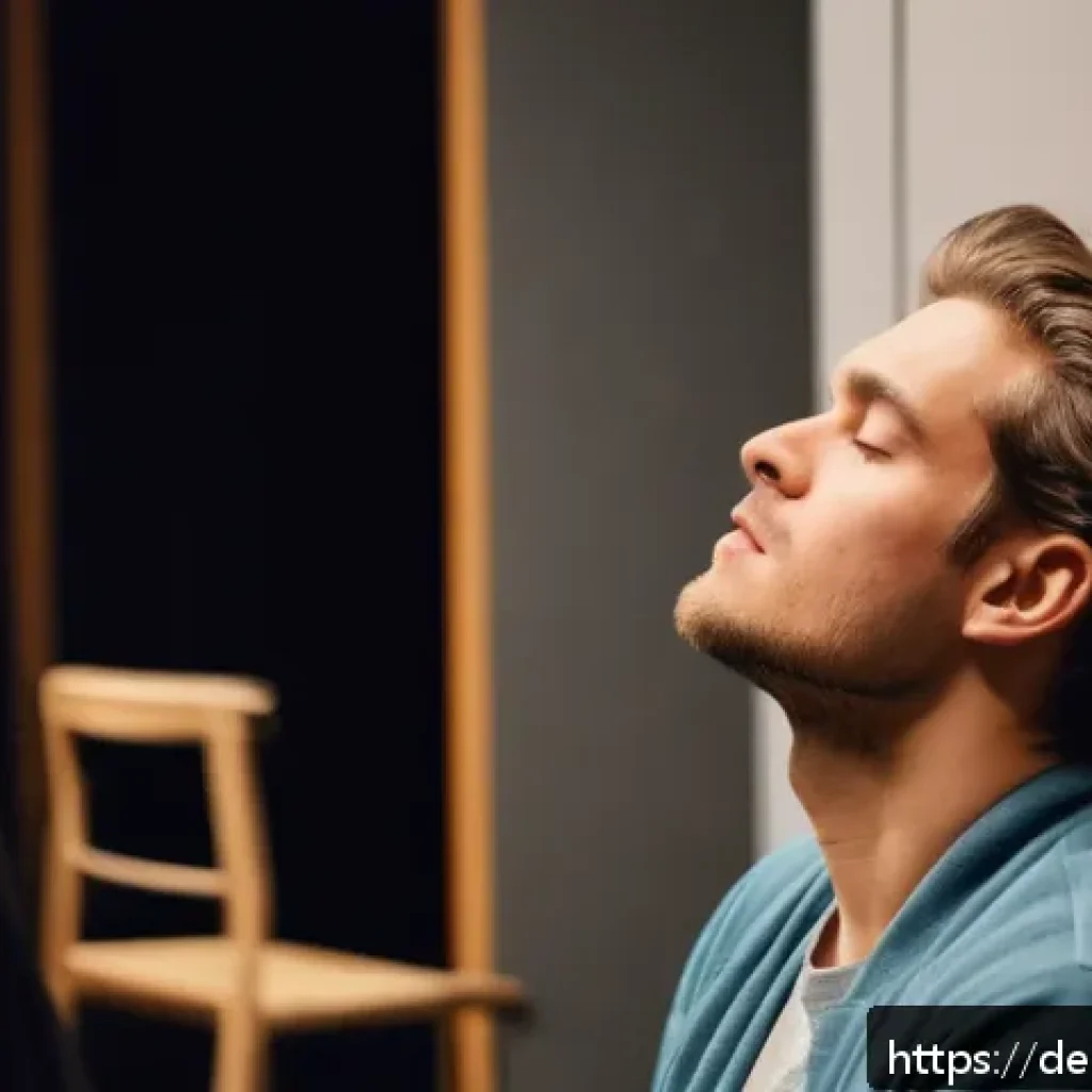 연극배우의 멘탈 관리 - A focused young German actor practicing mindful breathing exercises backstage in a modern theater dr...