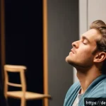 Home 23 연극배우의 멘탈 관리 - A focused young German actor practicing mindful breathing exercises backstage in a modern theater dr...