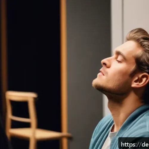 Home 17 연극배우의 멘탈 관리 - A focused young German actor practicing mindful breathing exercises backstage in a modern theater dr...