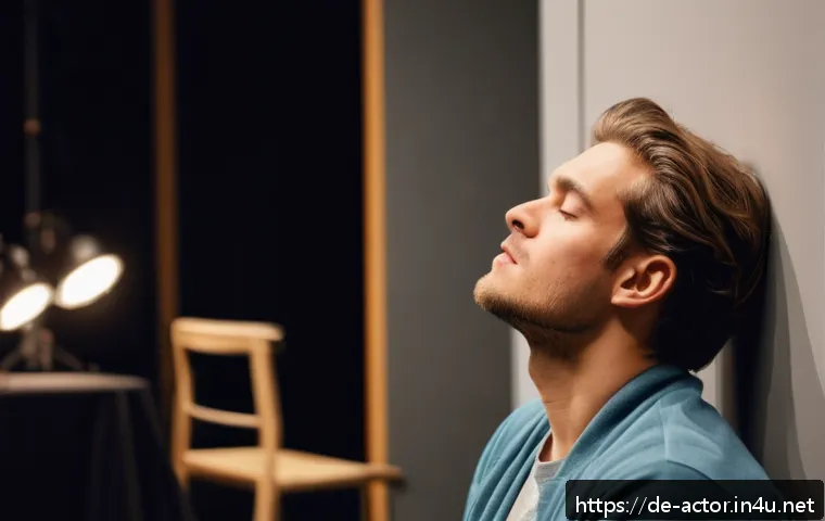 연극배우의 멘탈 관리 - A focused young German actor practicing mindful breathing exercises backstage in a modern theater dr...