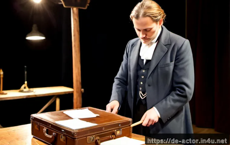 연극배우의 소품 활용 노하우 - Photorealistic backstage scene in a traditional German repertory theatre, a focused adult stage acto...