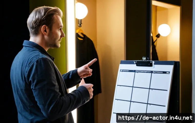 연극배우와 광고 출연 기회 - Photorealistic German theatre actor in a modest backstage dressing room, confidently rehearsing a dr...